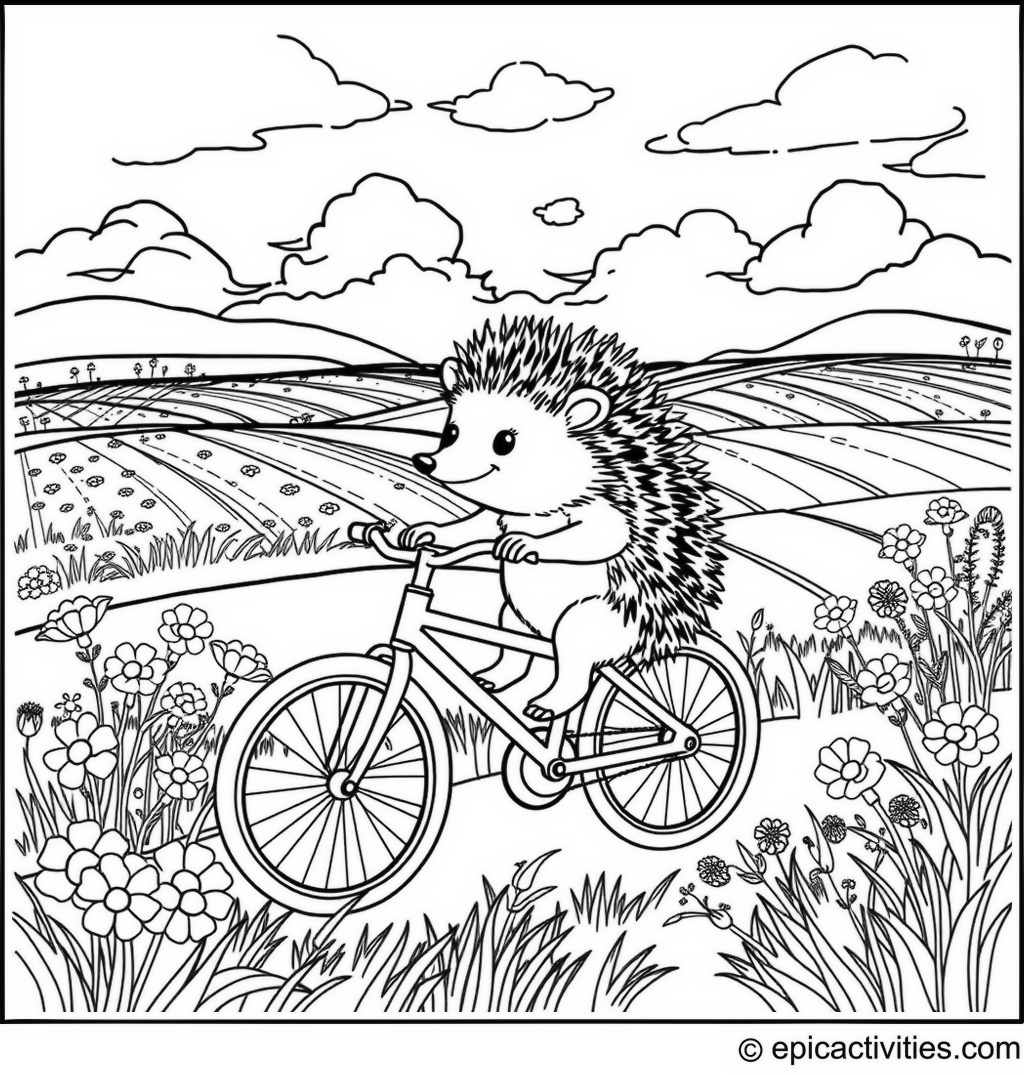 Coloring page of a Hedgehog Riding a Bicycle in a Summer Landscape