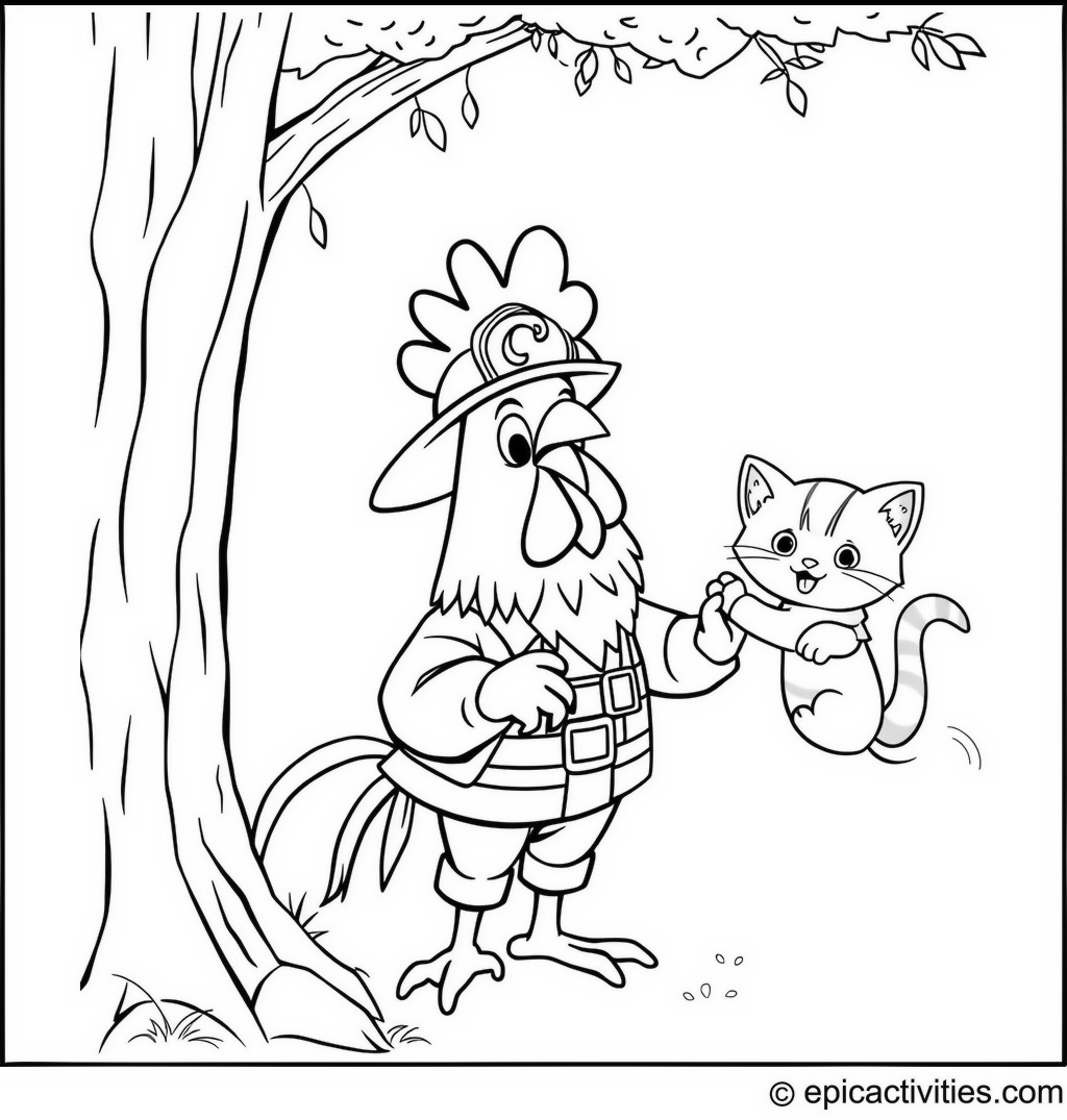 Coloring page of a heroic rooster firefighter saving a kitten