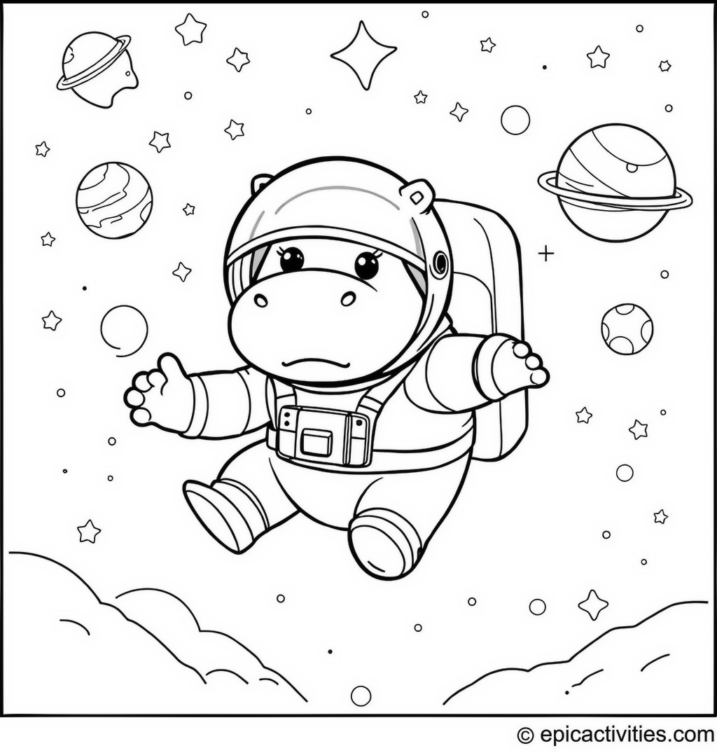 Coloring page of a hippopotamus astronaut in space