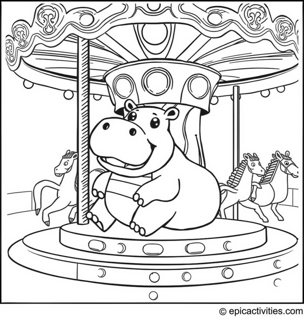 Coloring page of a Hippopotamus Enjoying a Carousel Ride