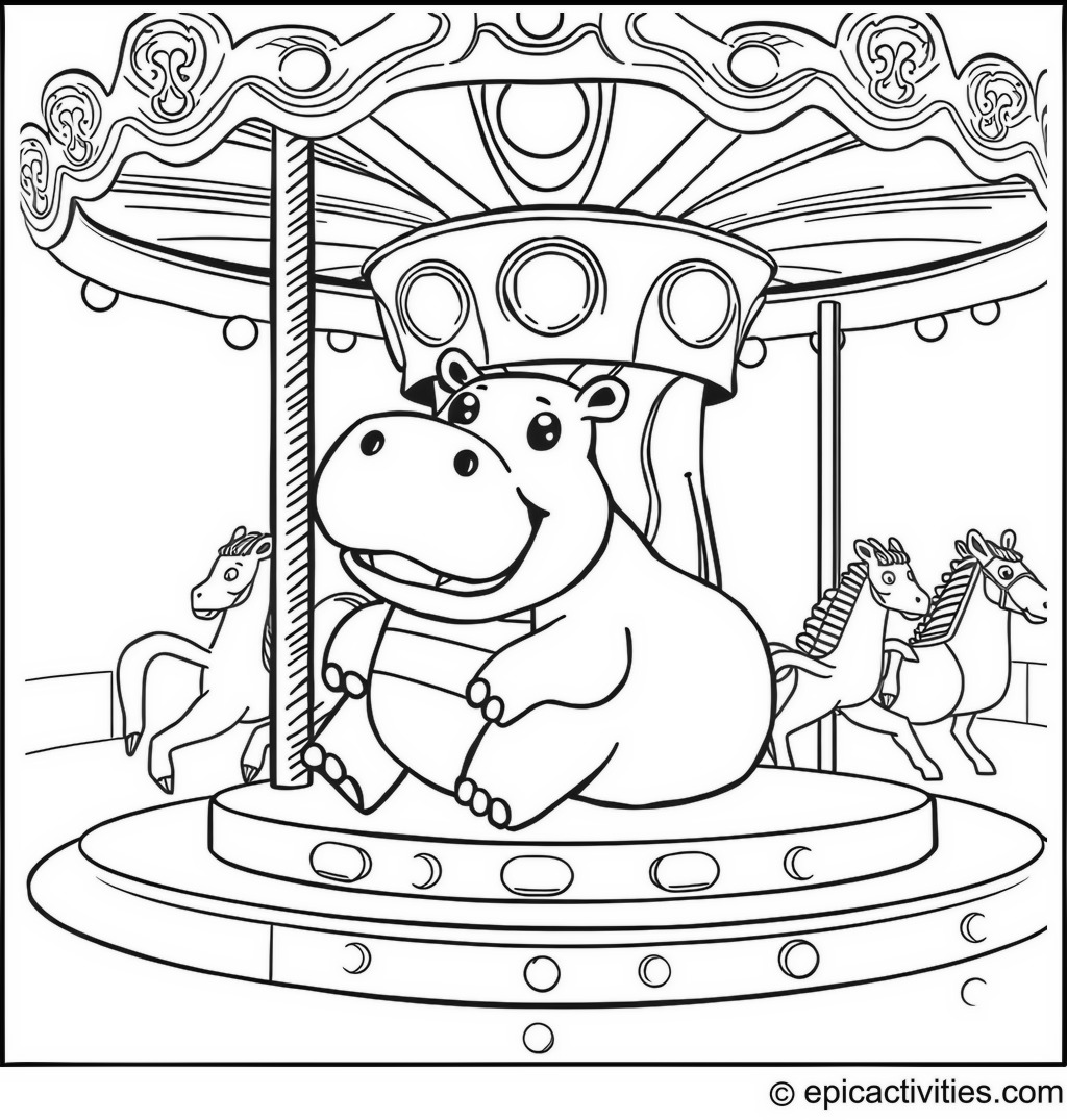 Coloring page of a Hippopotamus Enjoying a Carousel Ride