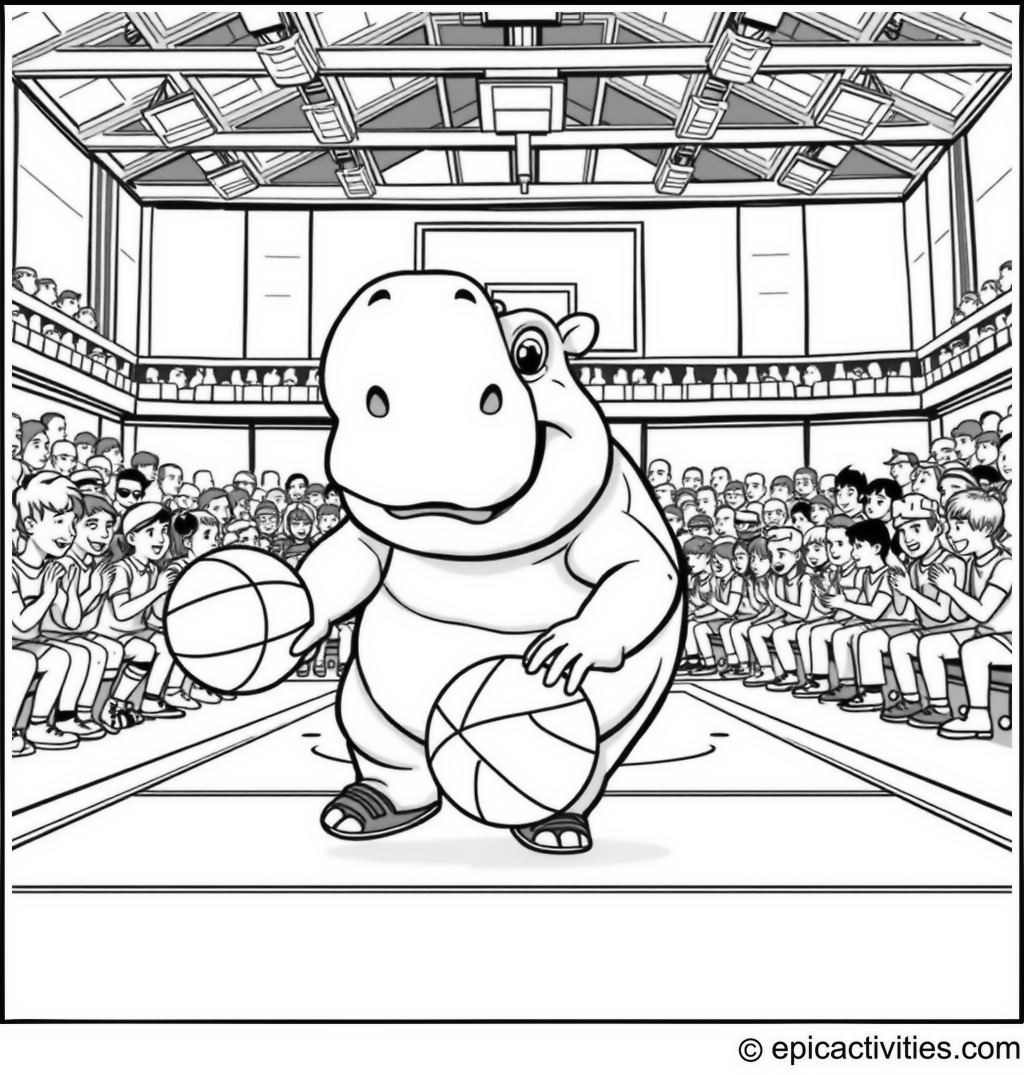 Coloring page of a Hippopotamus Playing Basketball with a Team