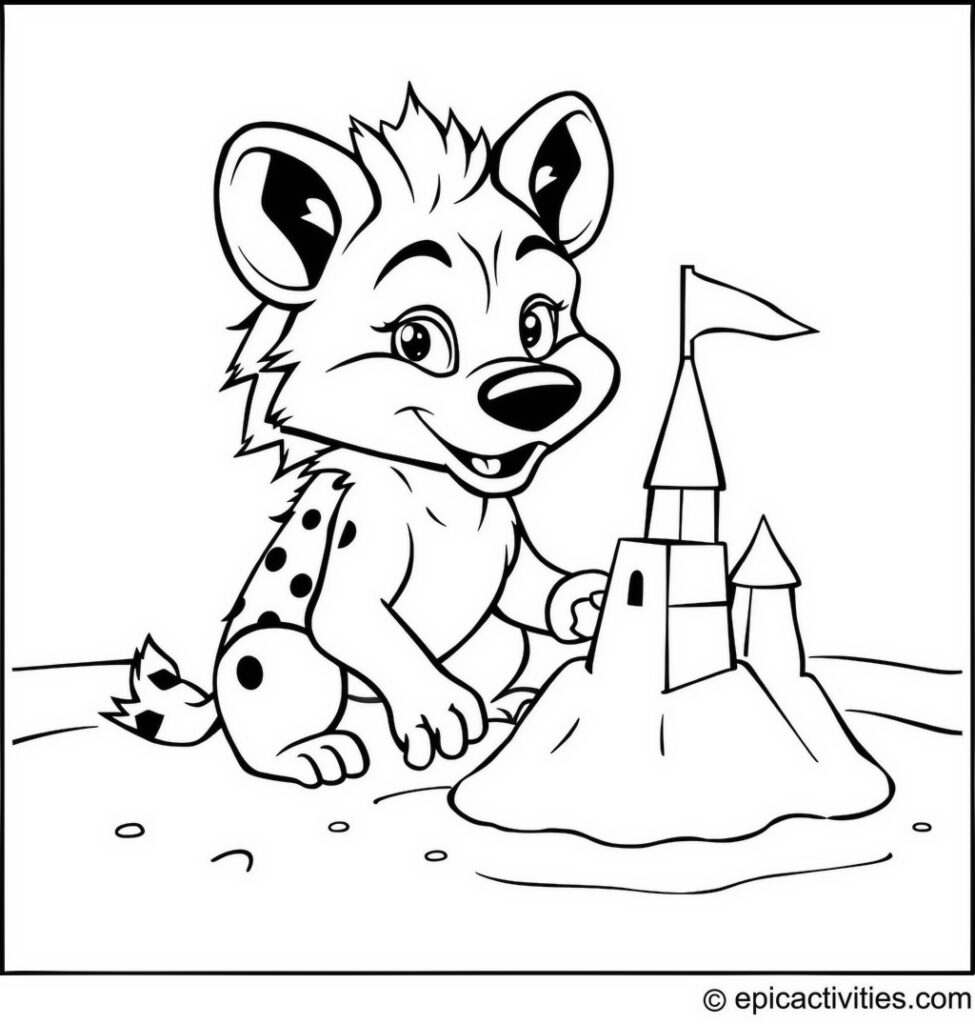 Coloring page of a Hyena Building a Giant Sandcastle on the Beach