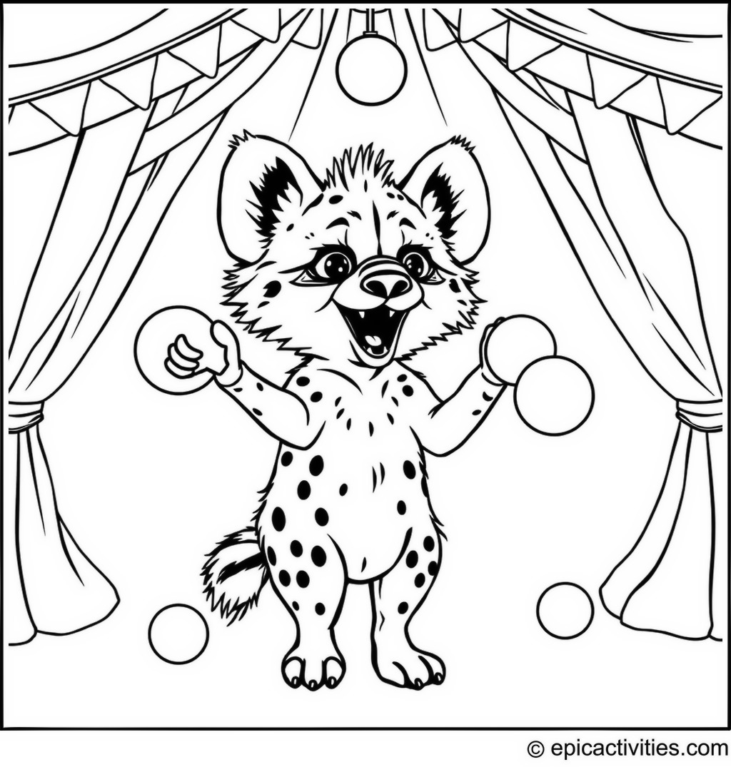 Coloring page of a Hyena Juggling Colorful Balls in a Circus Tent