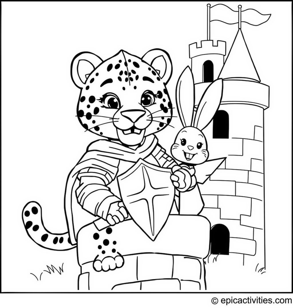 Coloring page of a Jaguar Knight Rescuing a Rabbit