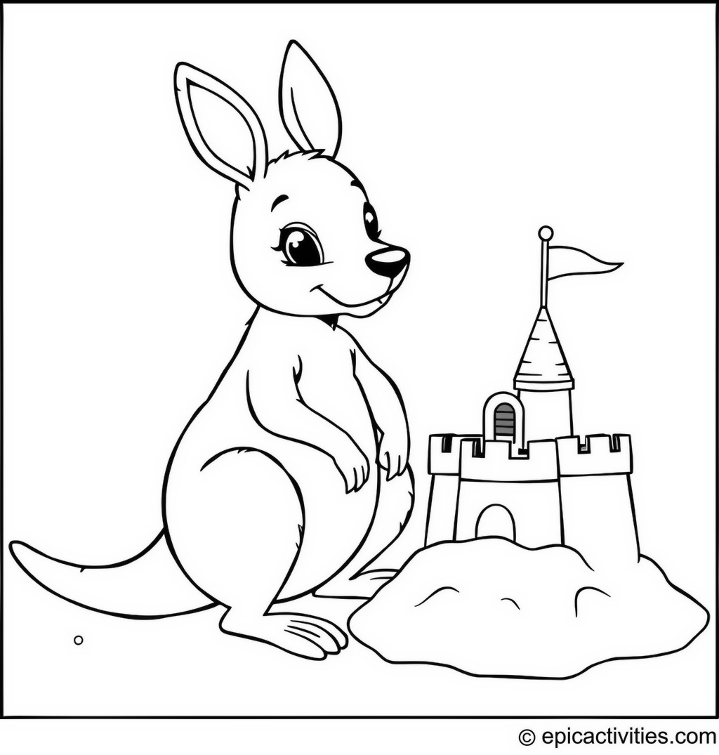 Coloring page of a Kangaroo Building a Sandcastle at the Beach
