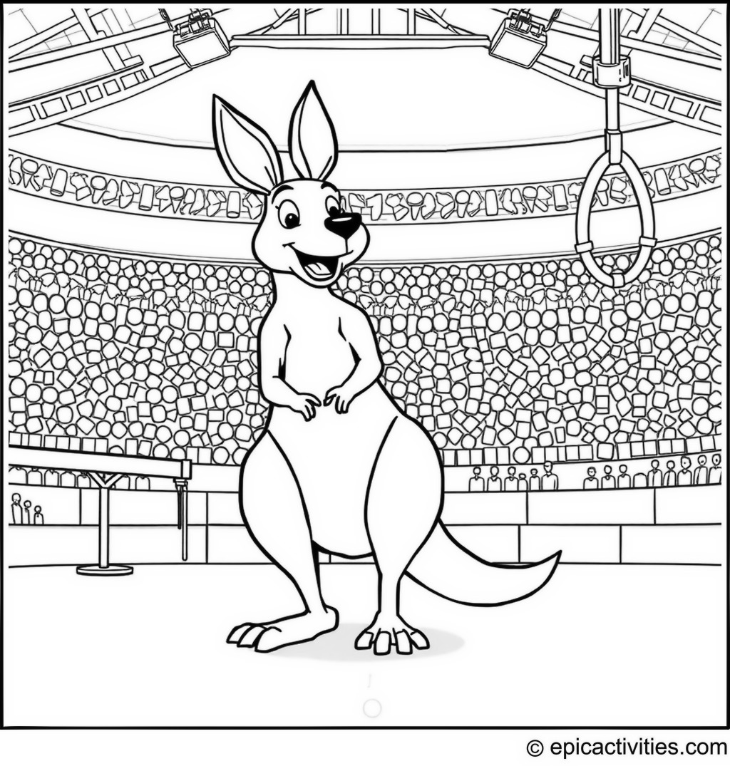 Coloring page of a Kangaroo Gymnastics Competition