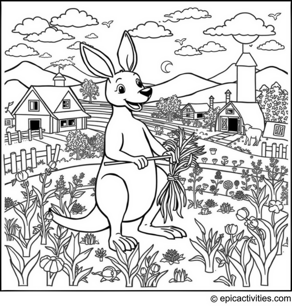 Coloring page of a Kangaroo Harvesting Crops on the Farm