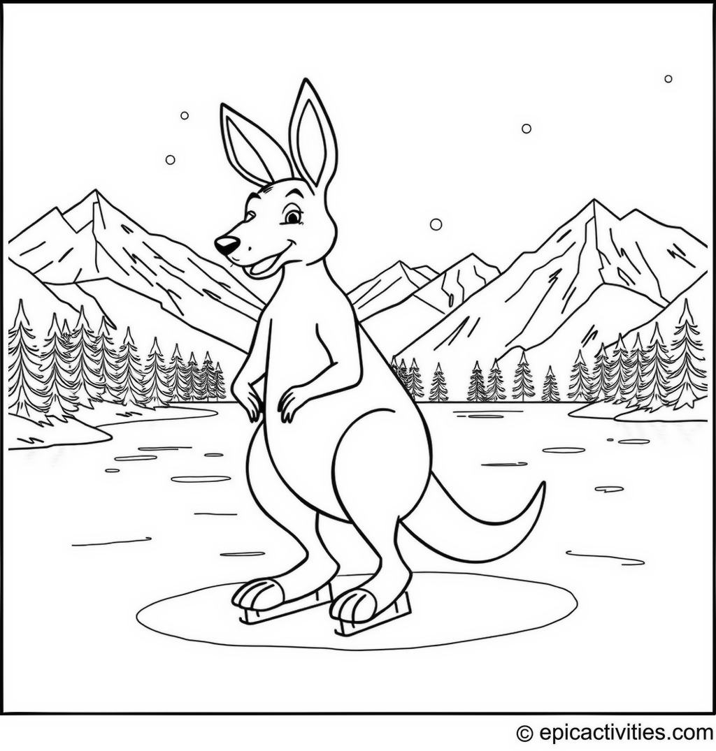 Coloring page of a Kangaroo Ice Skating on a Frozen Lake