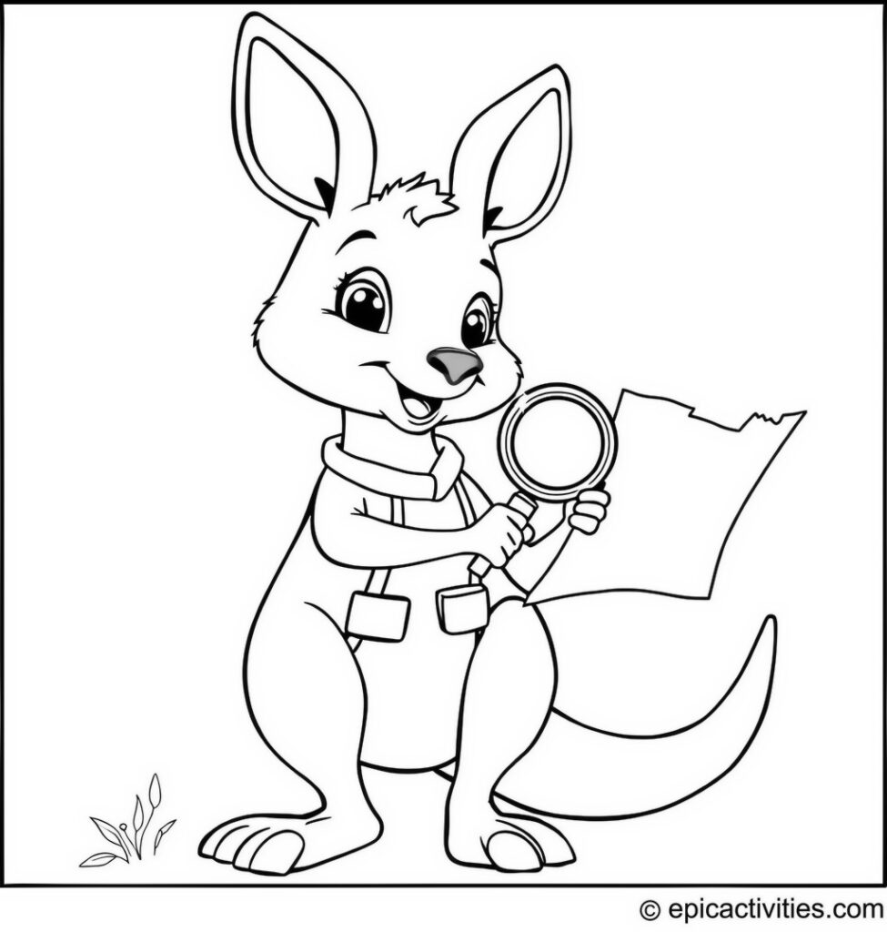 Coloring page of a Kangaroo on a Treasure Hunt