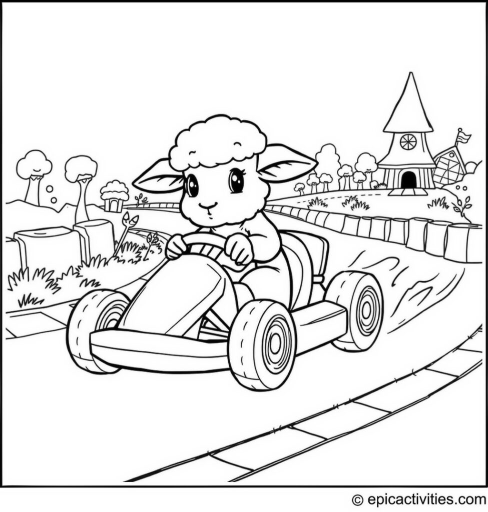 Coloring page of a Lamb Racing in a Go-Kart
