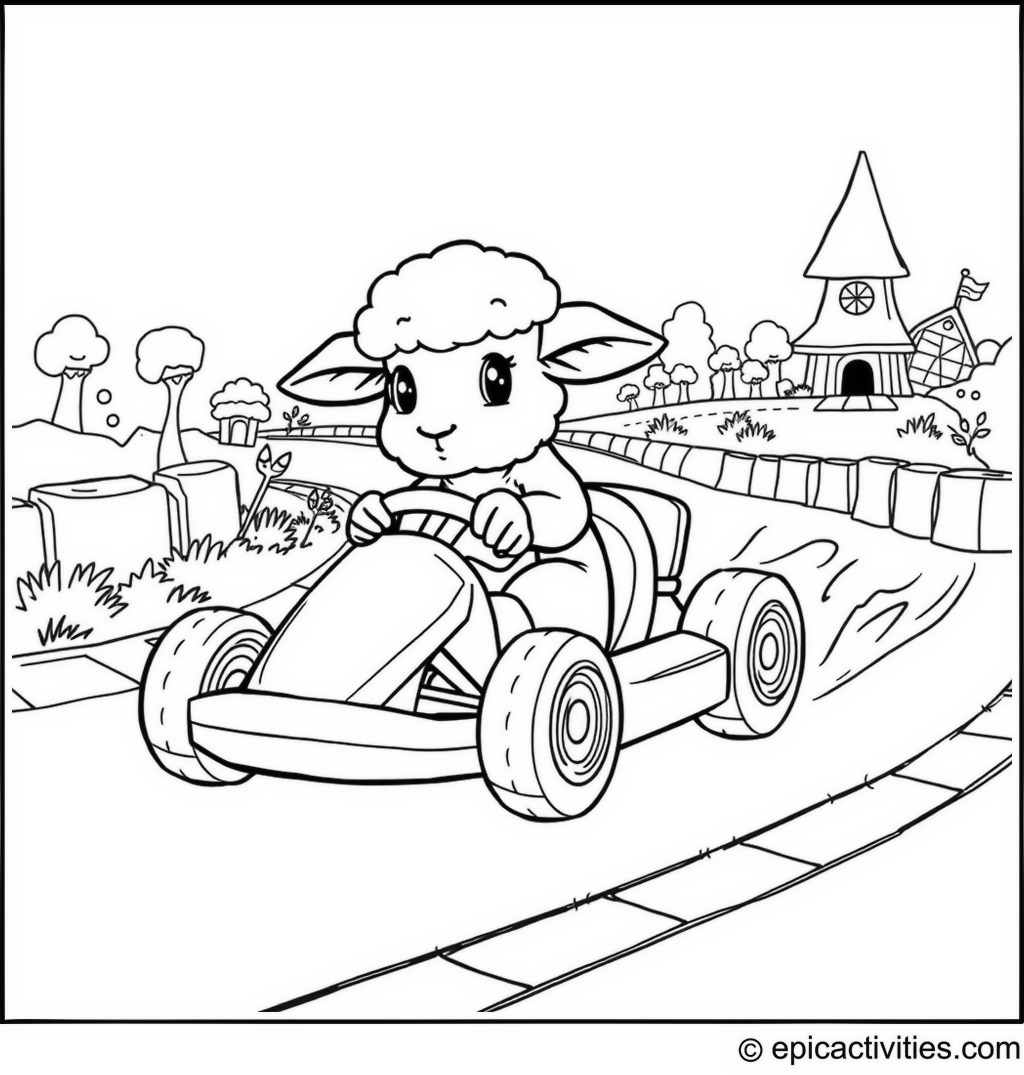 Coloring page of a Lamb Racing in a Go-Kart