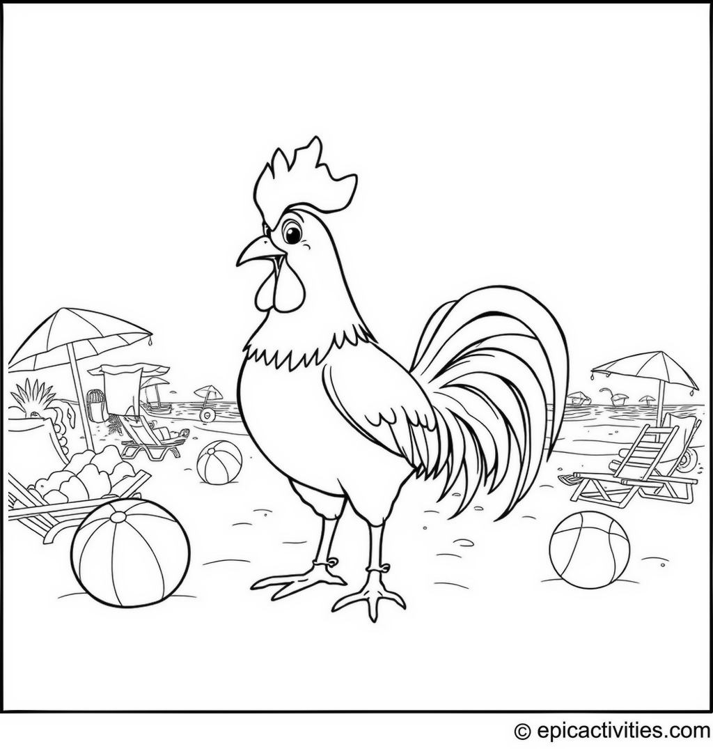 Coloring page of a Lifeguard Rooster on a Beach