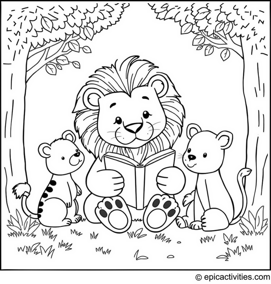 Coloring page of a Lion Reading to Forest Animals