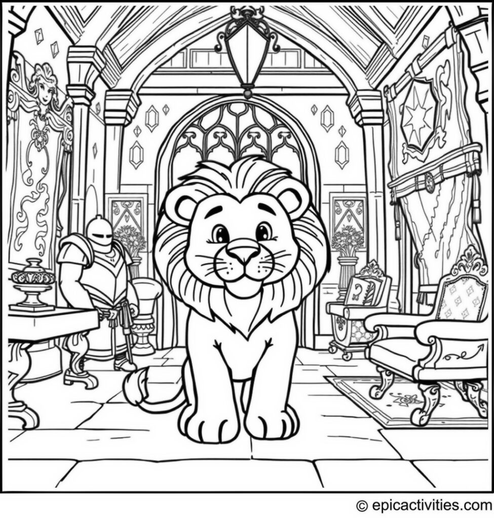 Coloring page of a Lion Visiting a Historic Castle