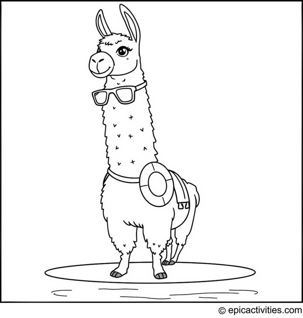 Coloring page of a Llama Lifeguard at the Pool