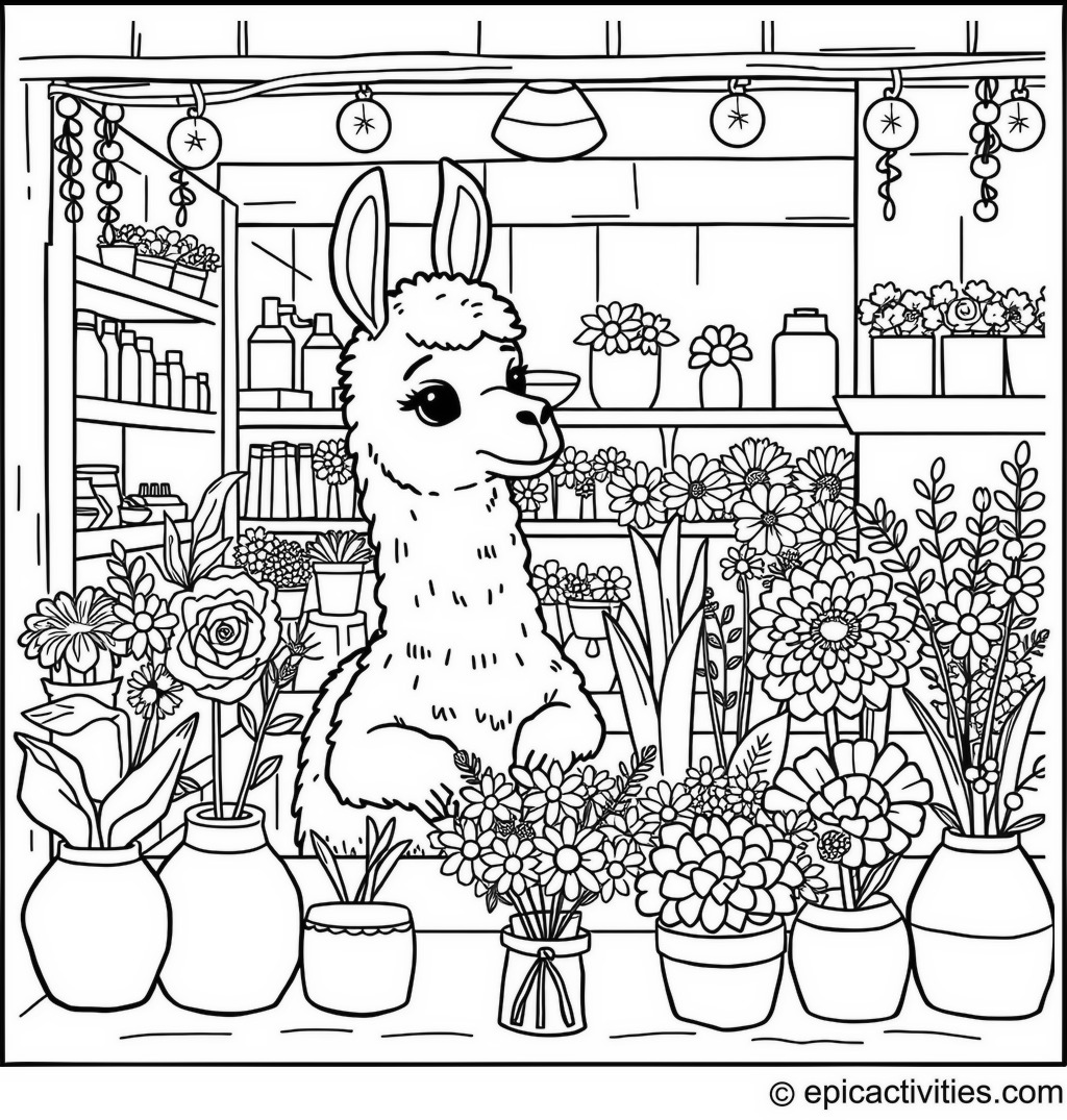 Coloring page of a llama working in a flower shop