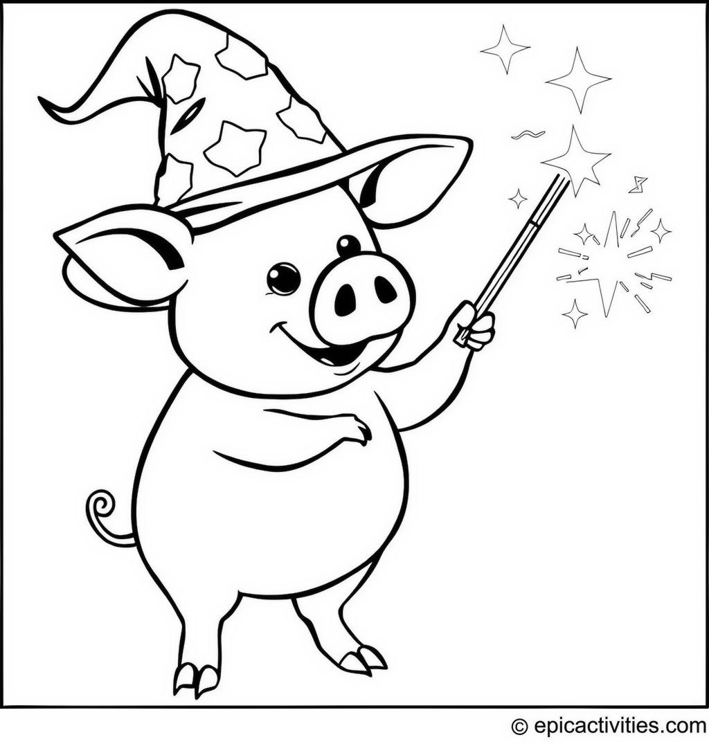 Coloring page of a Magical Pig Wizard Casting Spells
