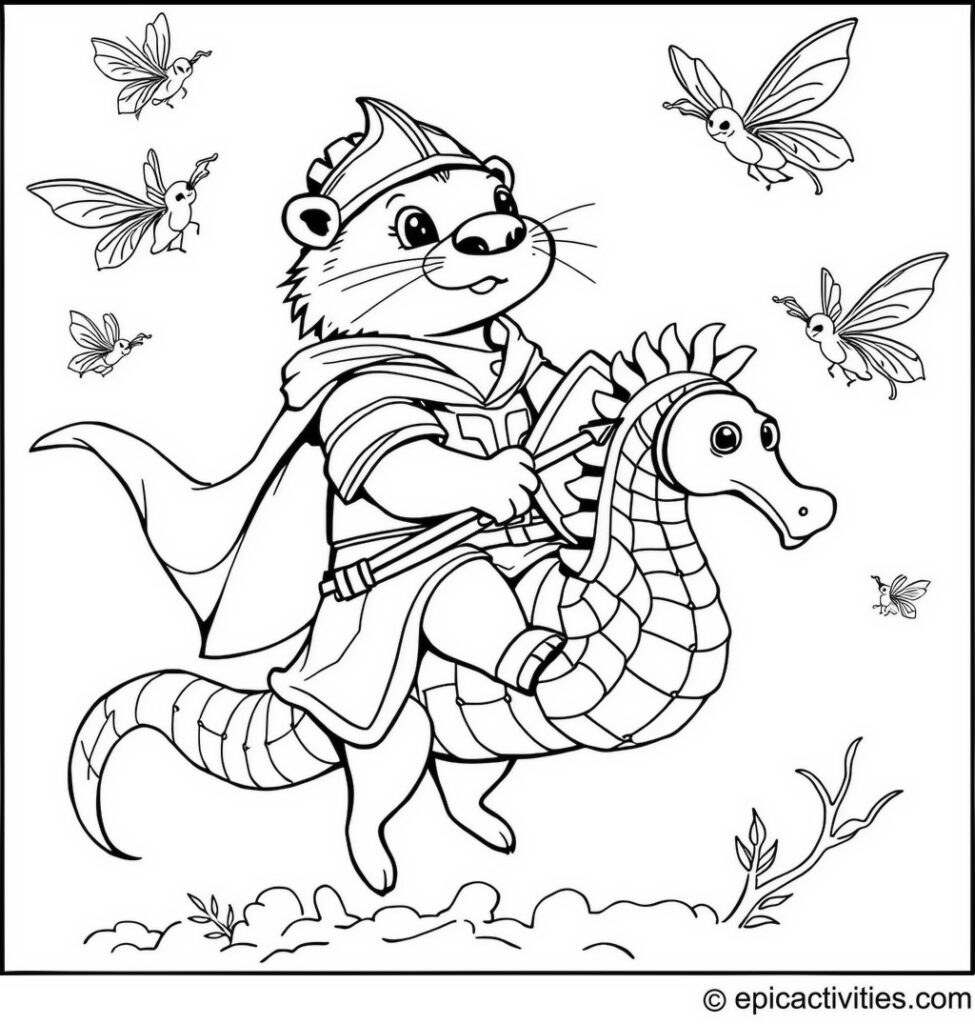 Coloring page of a Medieval Knight Otter Jousting with Dragonflies on a Seahorse