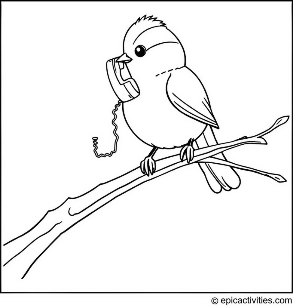Coloring page of a minimalist cartoon chickadee on a twig with a tiny telephone