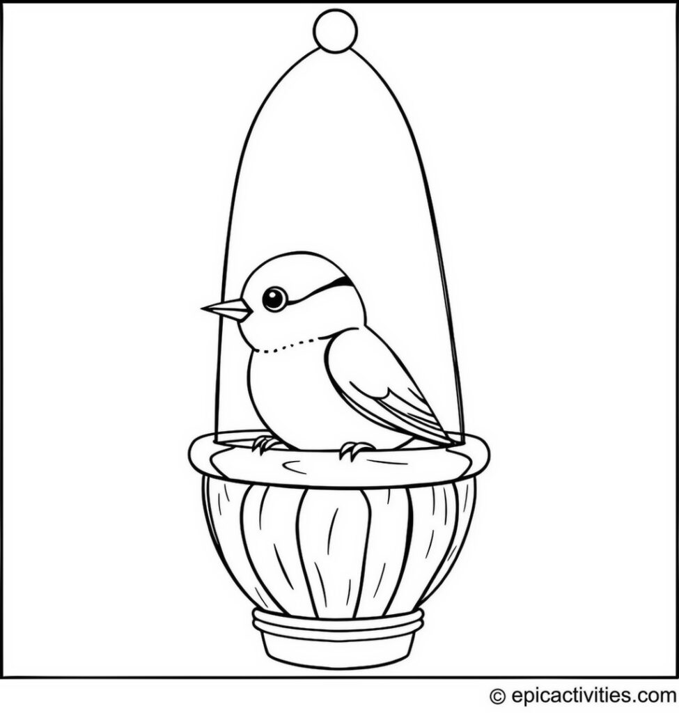 Coloring page of a Minimalist Cartoon Chickadee in a Walnut Shell Hot Air Balloon Basket