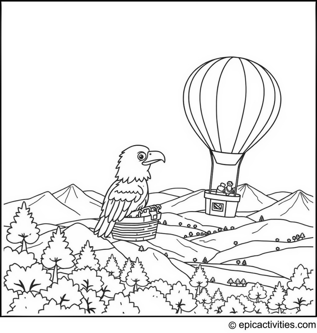 Coloring page of a minimalist cartoon eagle enjoying a hot air balloon ride over a scenic landscape