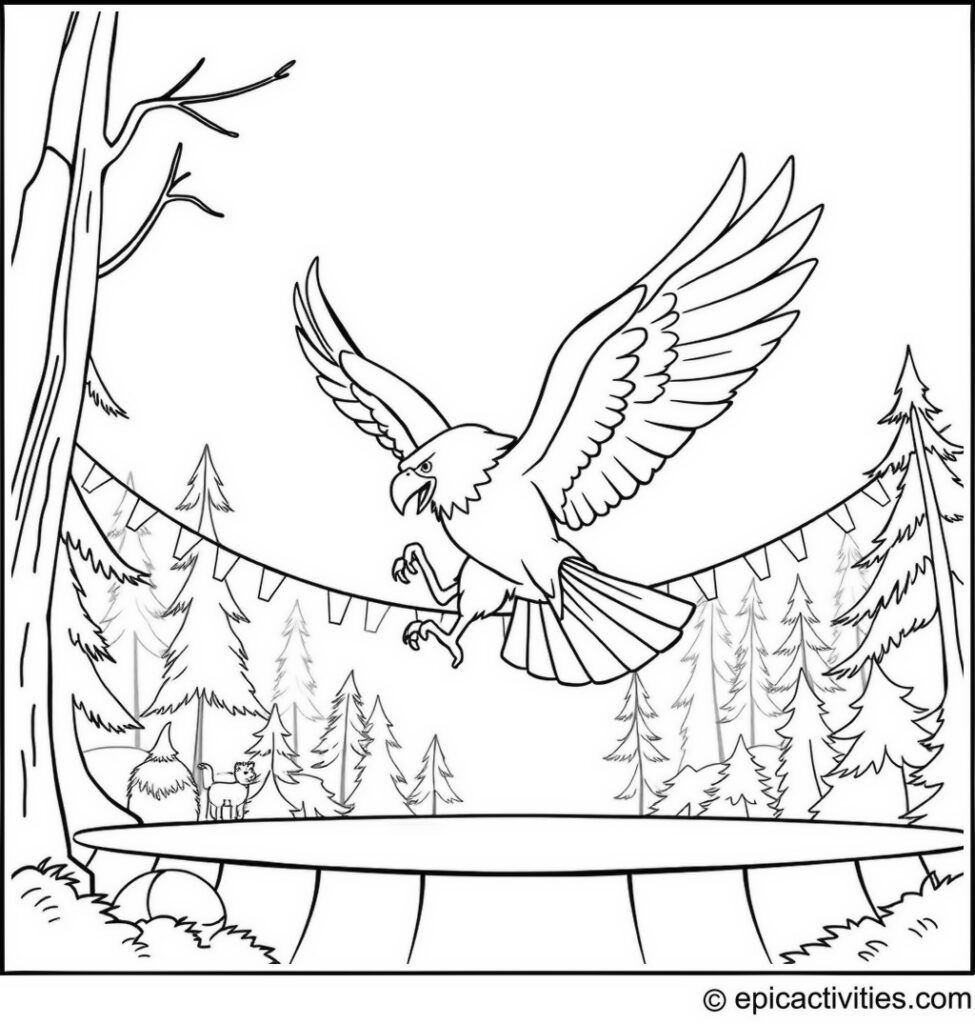 Coloring page of a Minimalist Cartoon Eagle Performing Acrobatics at a Forest Circus