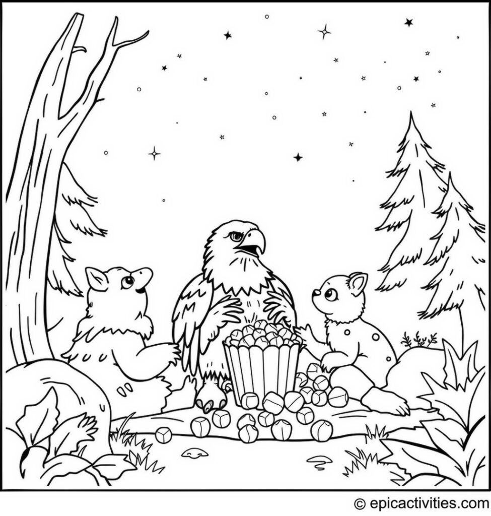 Coloring page of a minimalist eagle sharing popcorn in a movie night under the stars with forest friends