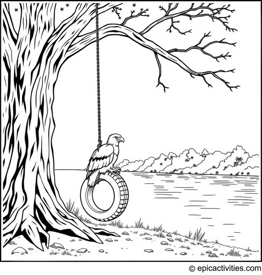 Coloring page of a minimalist eagle swinging on a tire swing by a huge oak tree
