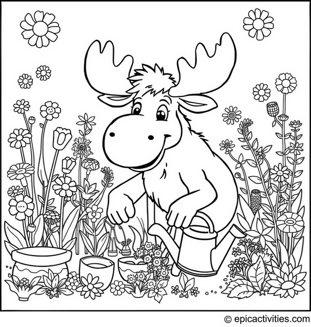 Coloring page of a Moose Gardening in a Flower Garden