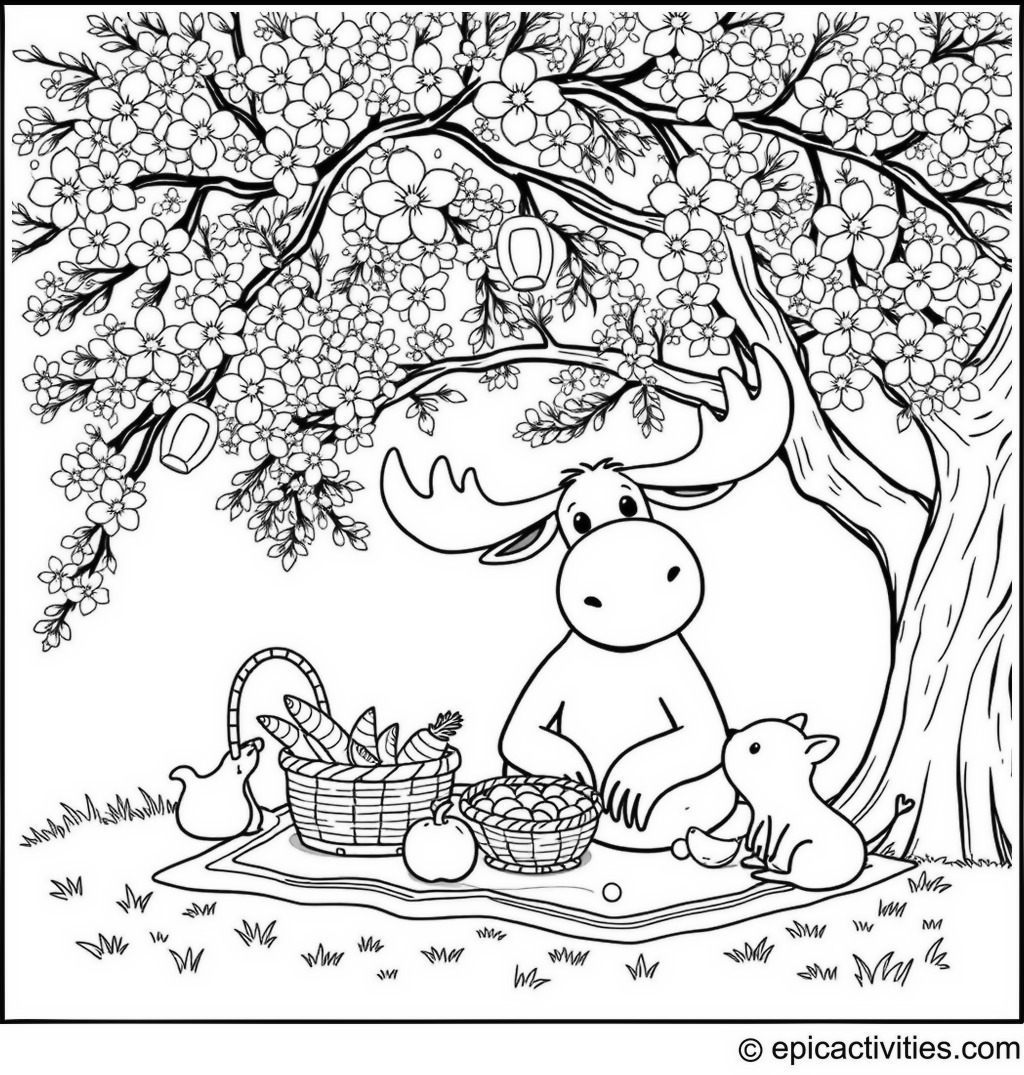 Coloring page of a Moose Having a Picnic under a Cherry Blossom Tree