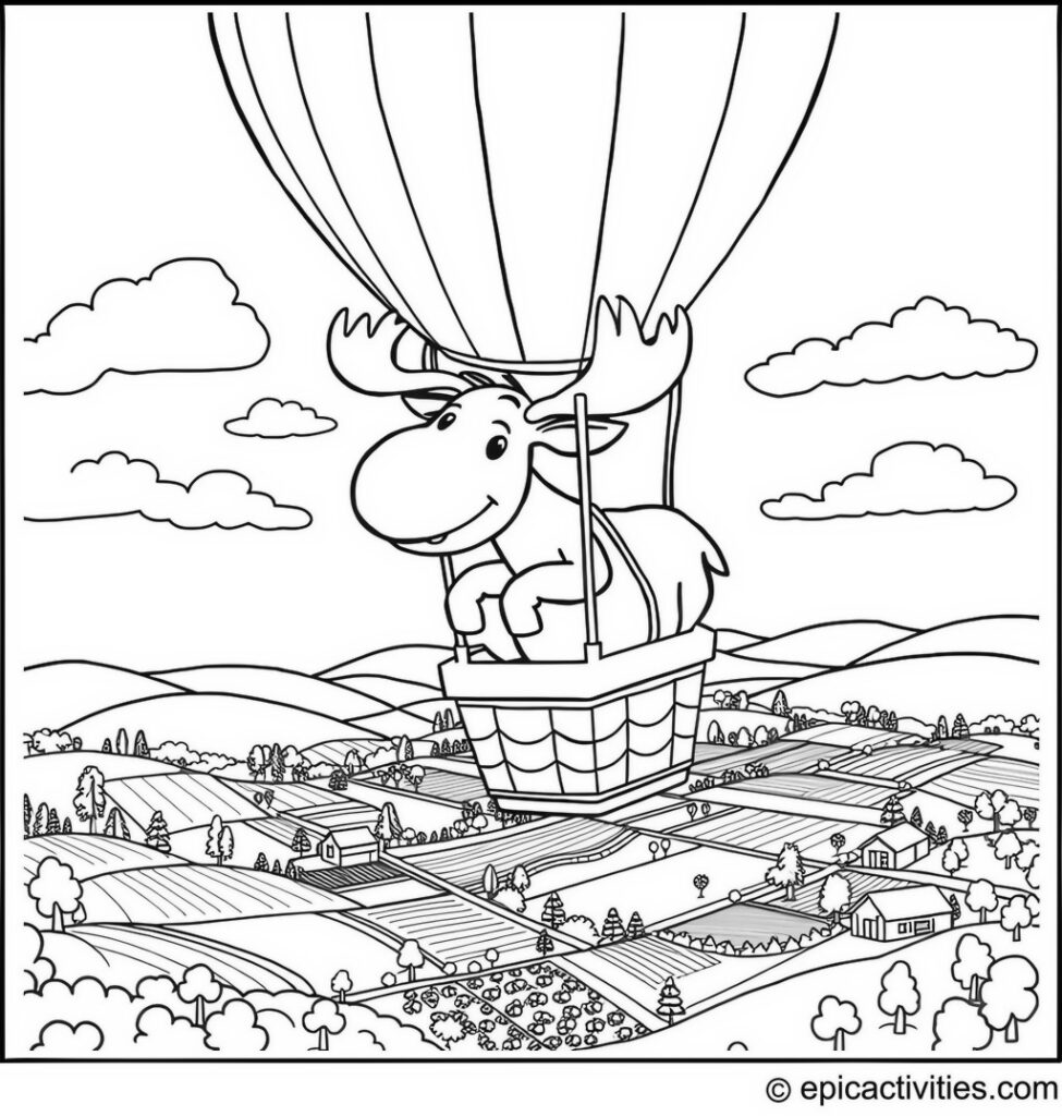 Coloring Page of a Moose Riding in a Hot Air Balloon