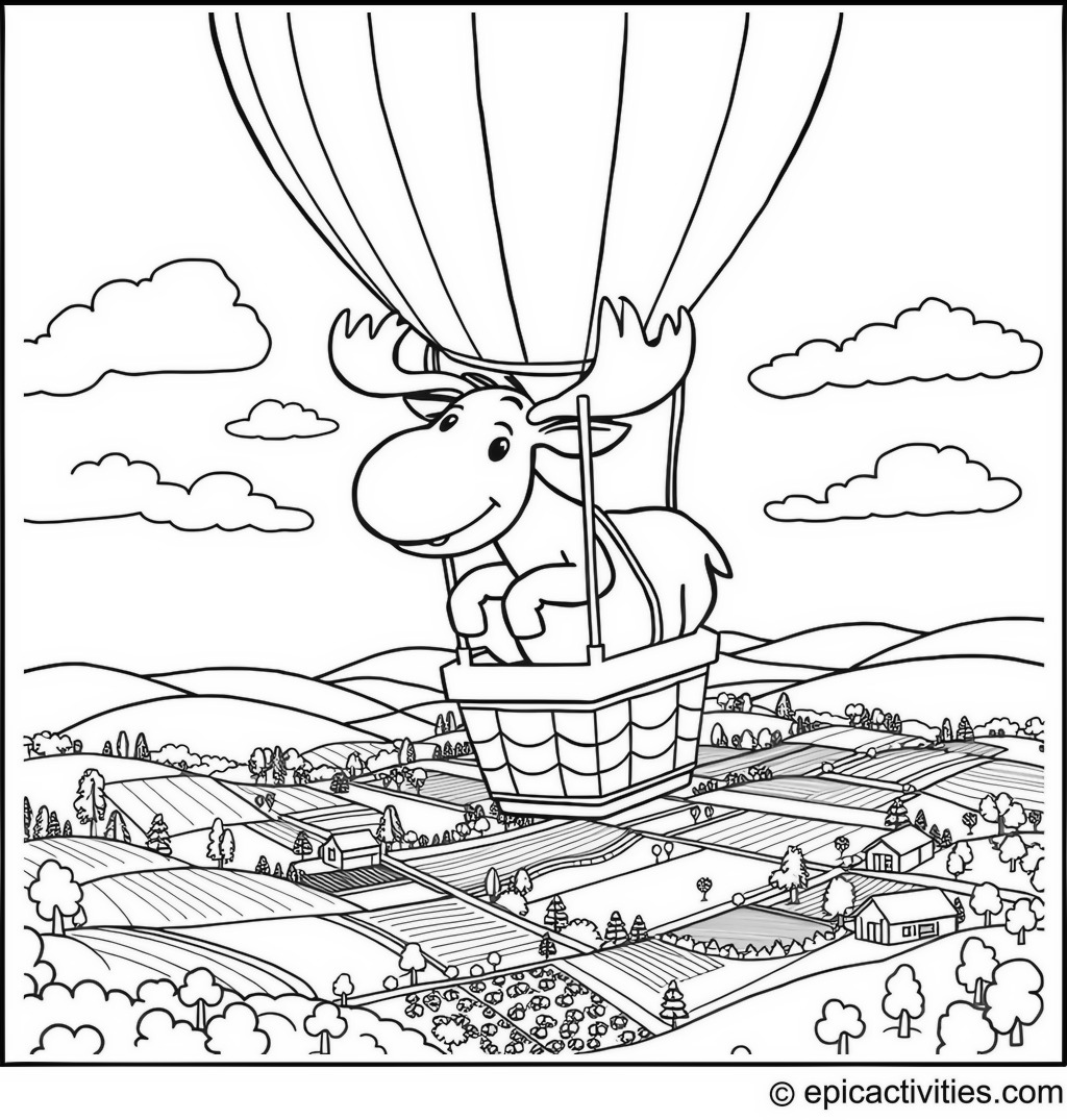 Coloring Page of a Moose Riding in a Hot Air Balloon