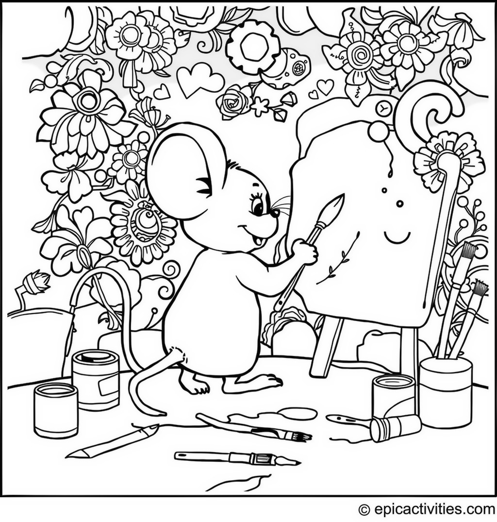 Coloring page of a mouse painting a mural