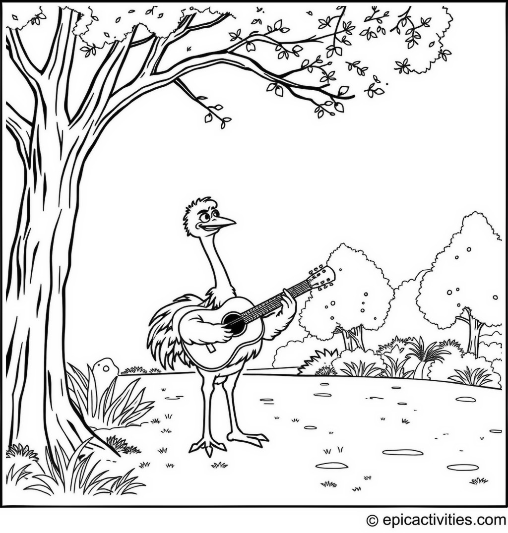 Coloring page of a Musical Ostrich in the Park
