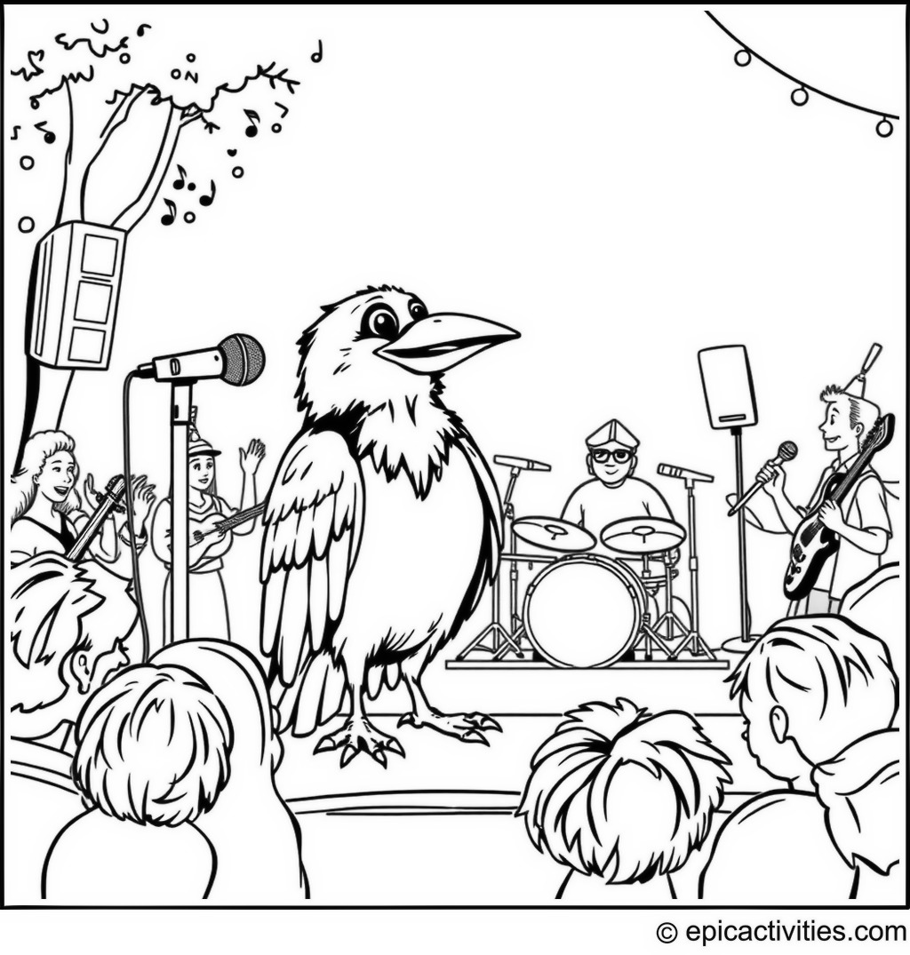 Coloring page of a Musical Raven Concert