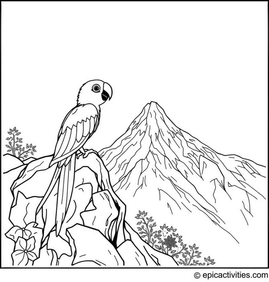 Coloring page of a Parrot Climbing a Rainbow Mountain