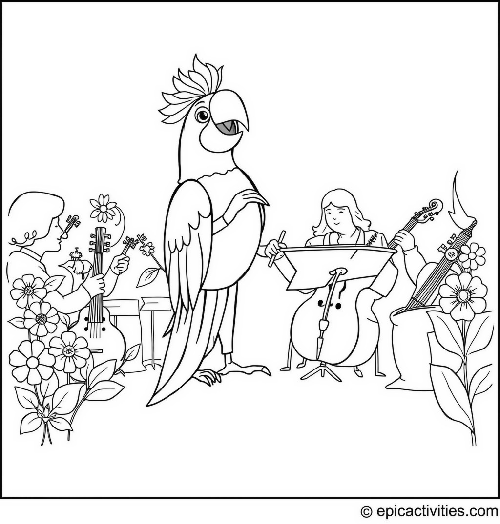 Coloring page of a Parrot Conductor Orchestrating Flower Instruments