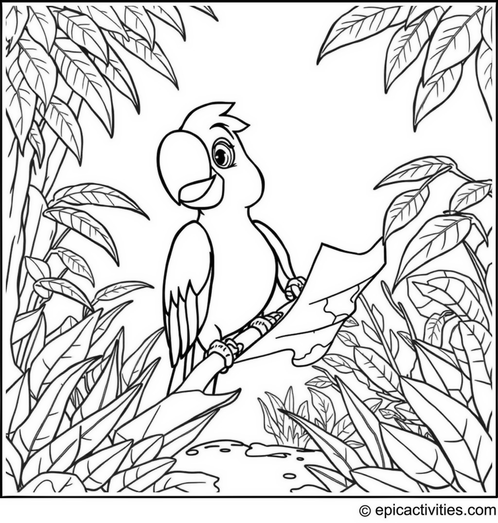 Coloring page of a Parrot Exploring a Jungle