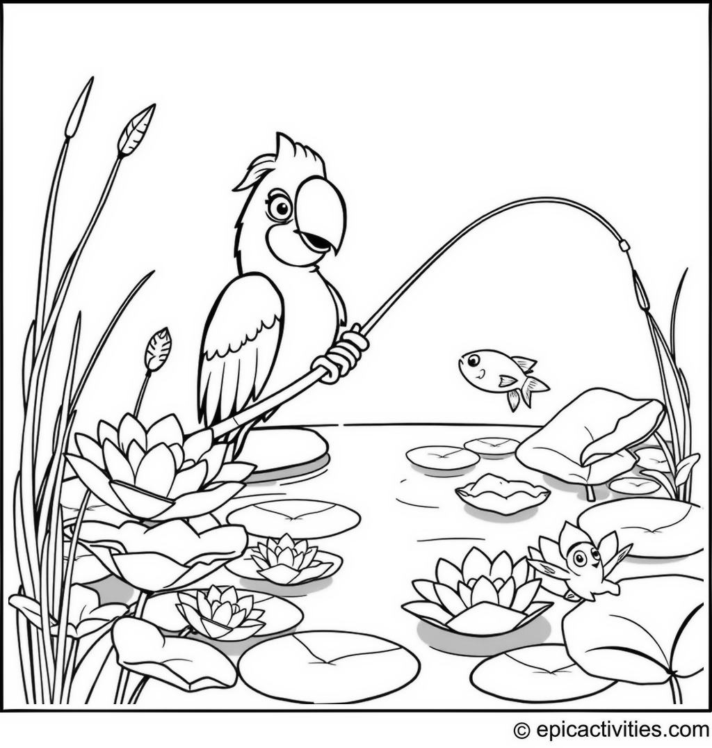 Coloring page of a Parrot Fishing in a Pond with Lily Pads and Smiling Fish
