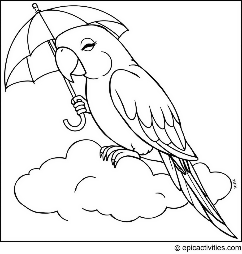 Coloring page of a Parrot Napping on a Cloud with an Umbrella