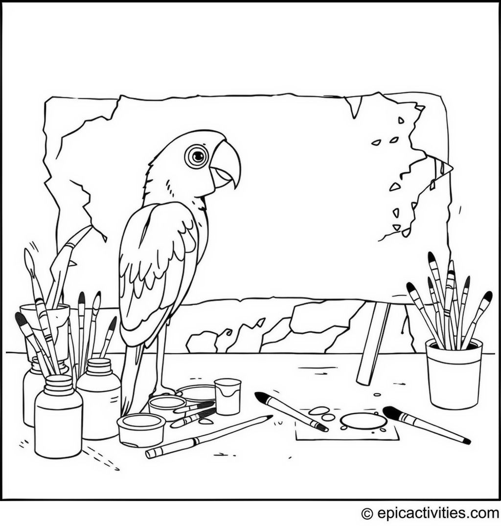Coloring page of a Parrot Painting a Mural