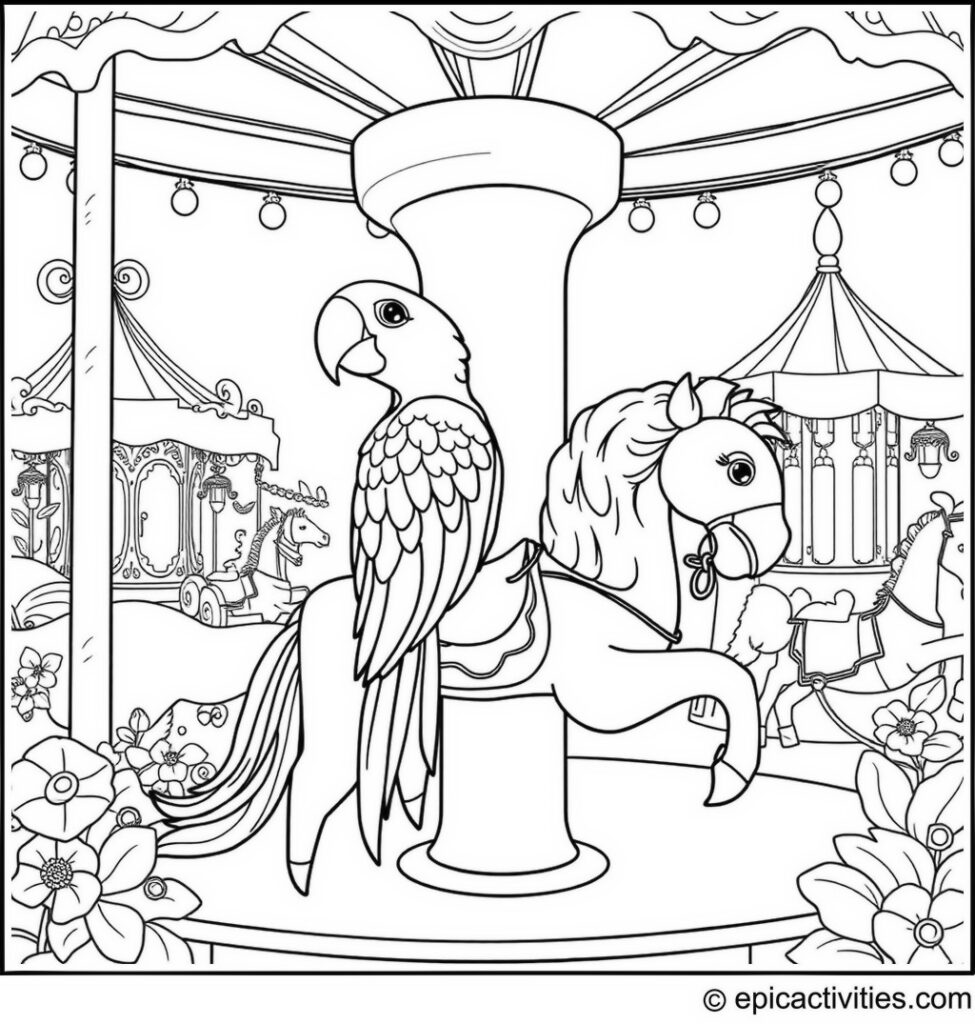 Coloring page of a Parrot Riding a Carousel Horse in an Amusement Park