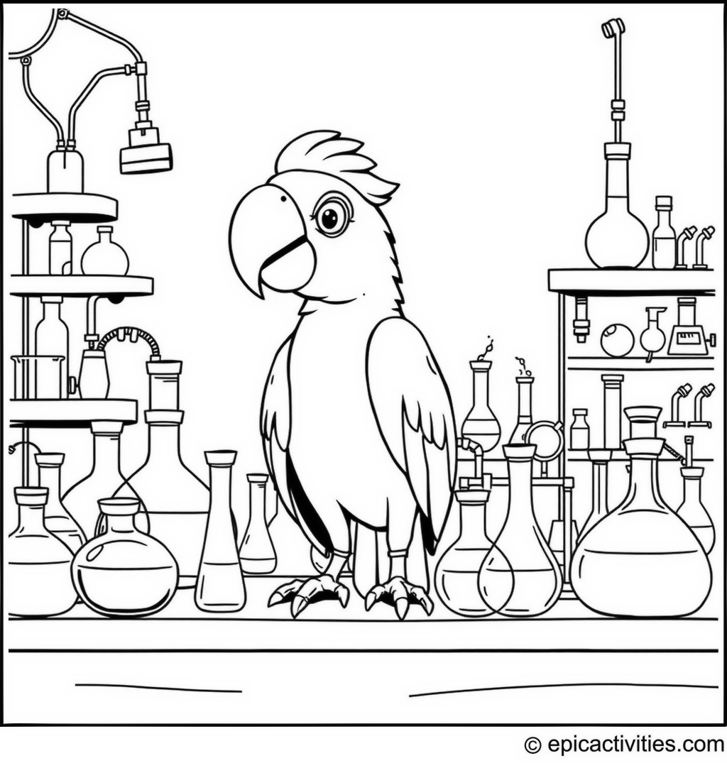 Coloring page of a Parrot Scientist in a Lab