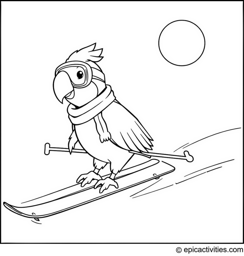 Coloring page of a Parrot Skiing Down a Snowy Slope