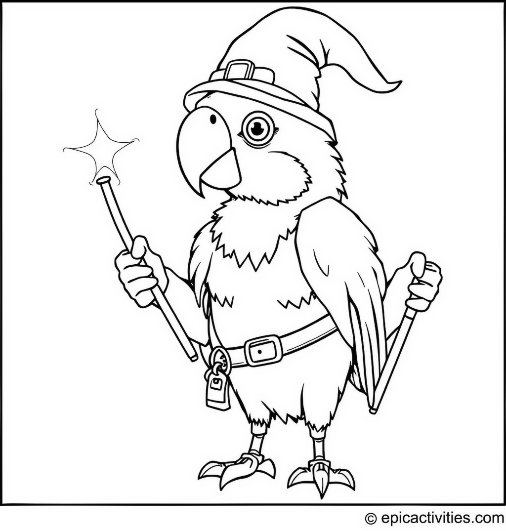 Coloring page of a Parrot Wizard with a Magic Wand