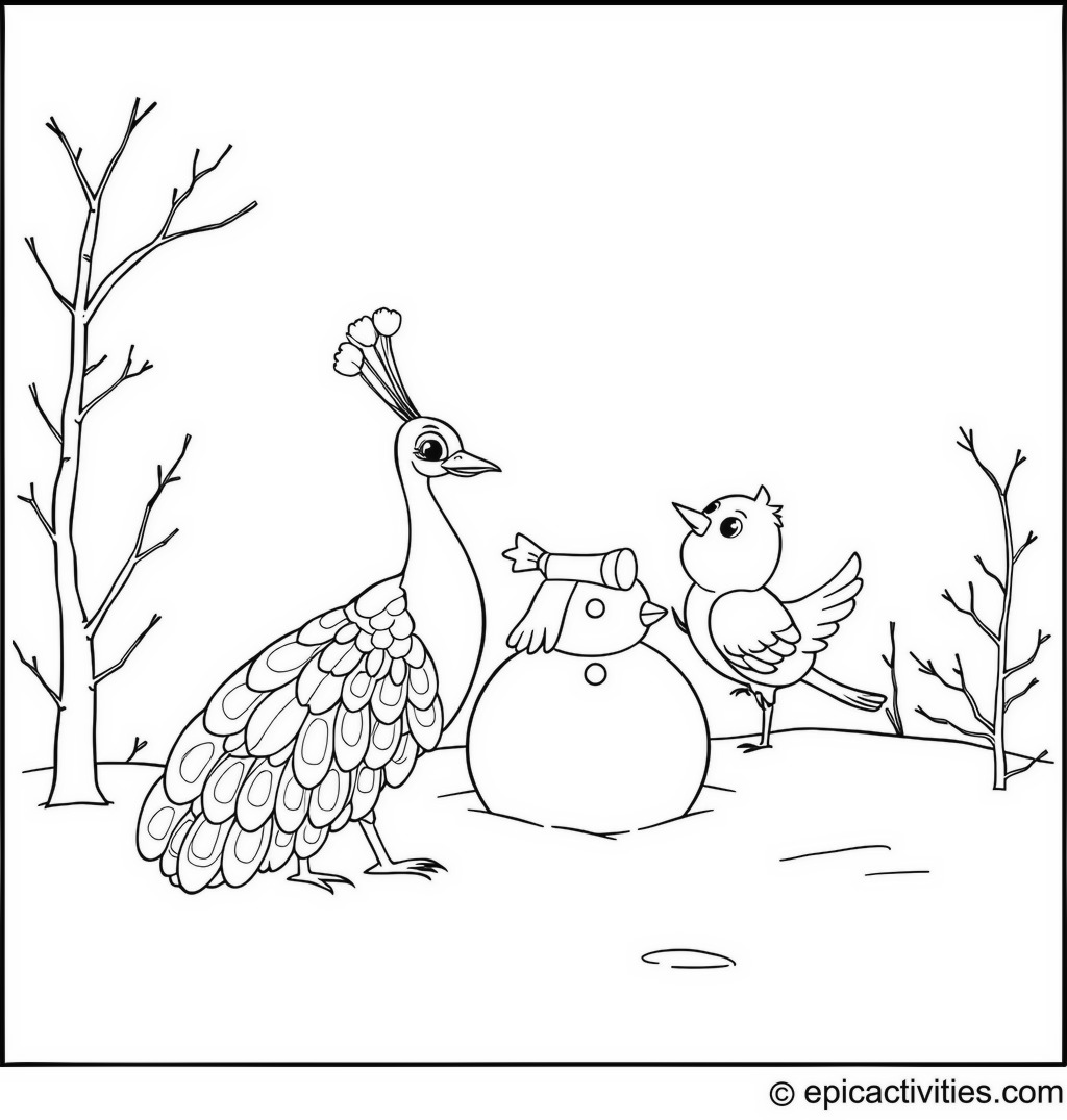 Coloring page of a Peacock and Friends Building a Snowman in Winter