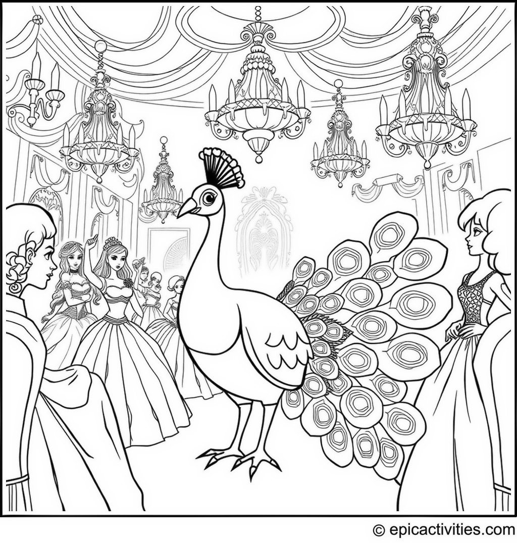 Coloring page of a Peacock Attending a Royal Ball