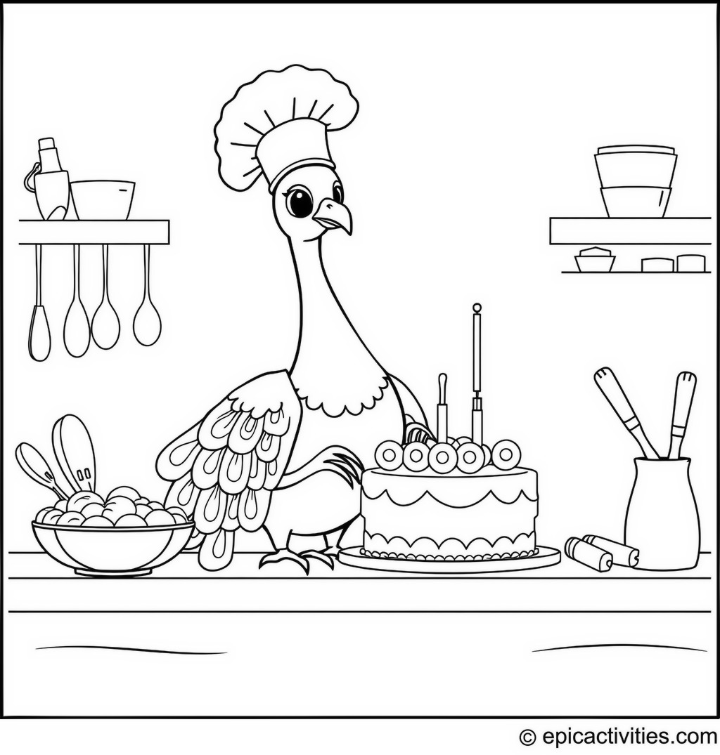 Coloring page of a Peacock Baking a Cake with a Chef Hat in a Simple Kitchen
