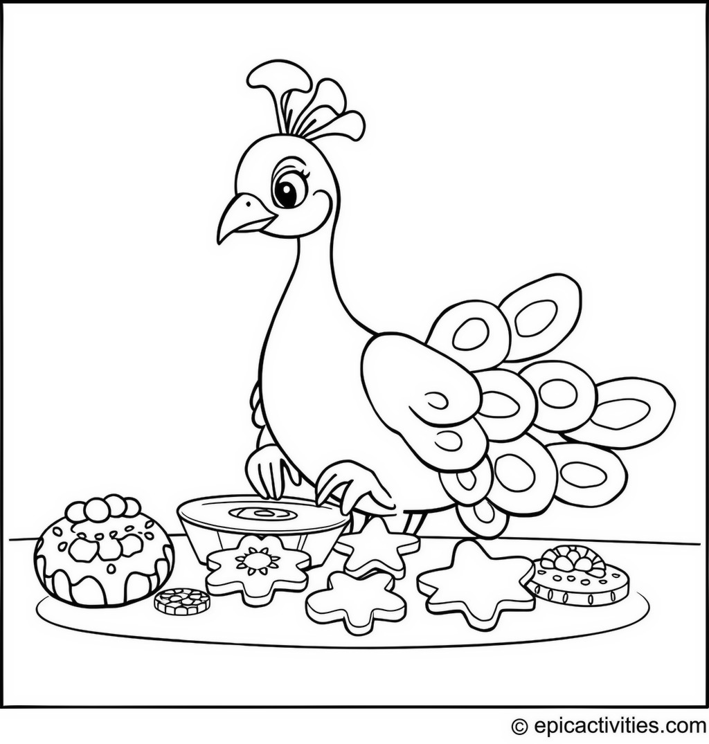 Coloring page of a Peacock Baking Cookies